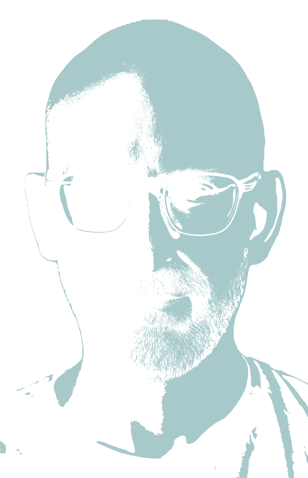 Two color portrait of the author, black/transparent and light blue, half in light, half in dark. The light side is on the right, the dark side on the left.